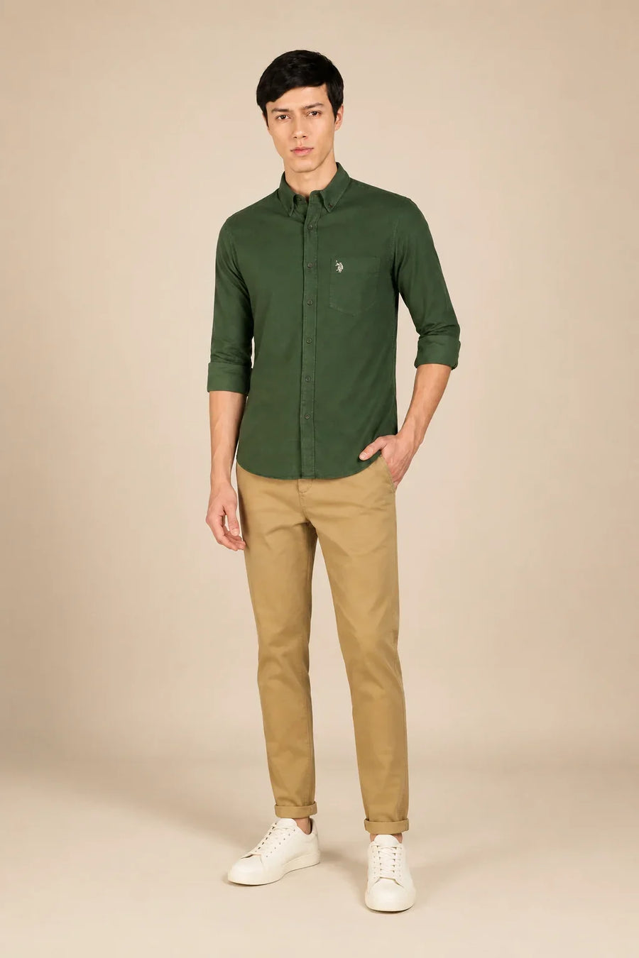 Corduroy Olive Green Shirt Full Front View By Waysho