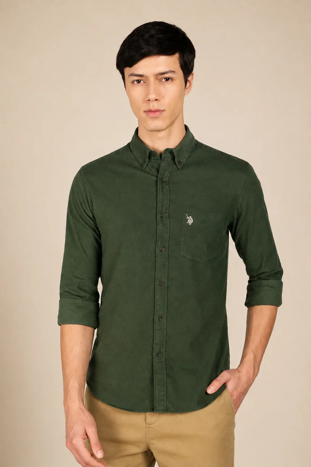 Corduroy Olive Green Shirt Front View By Waysho