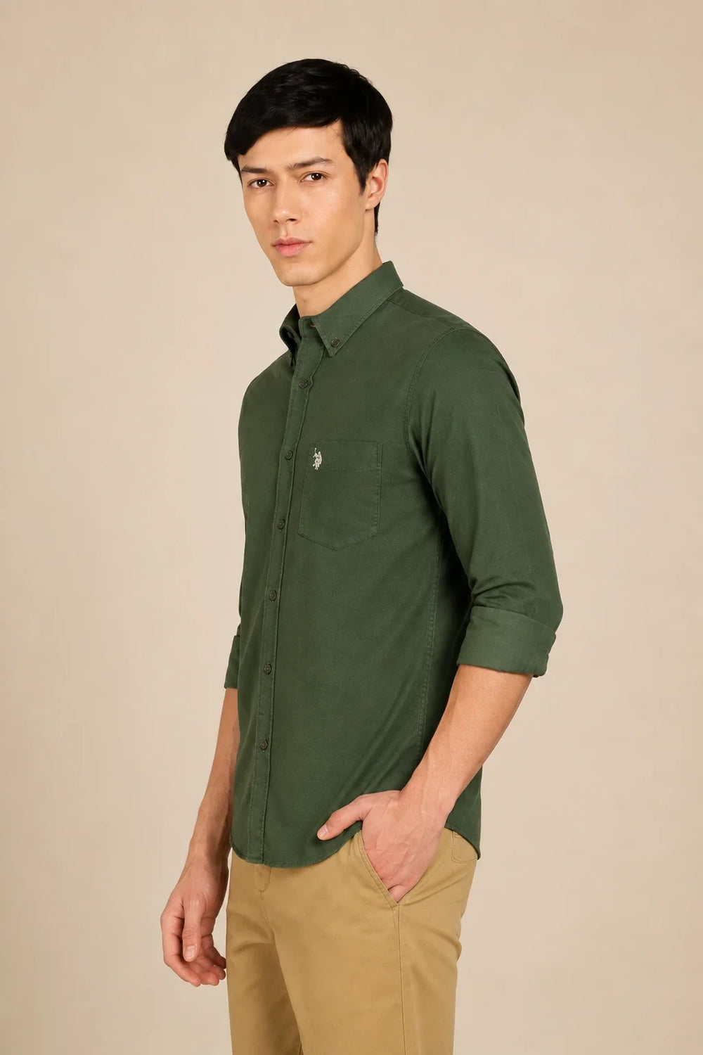 Corduroy Olive Green Shirt Left View By Waysho