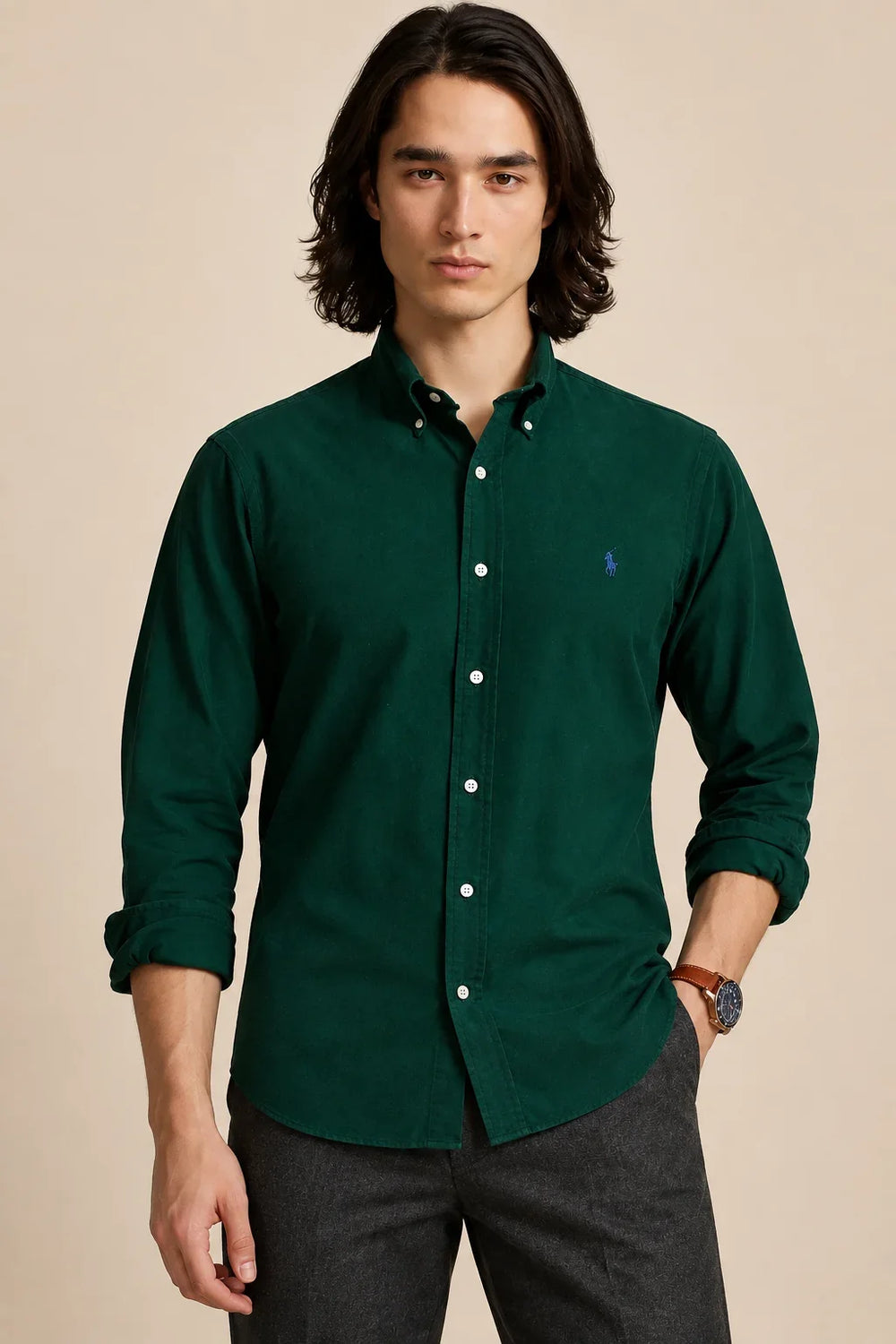 Green Cotton Casual Shirt Front By Waysho