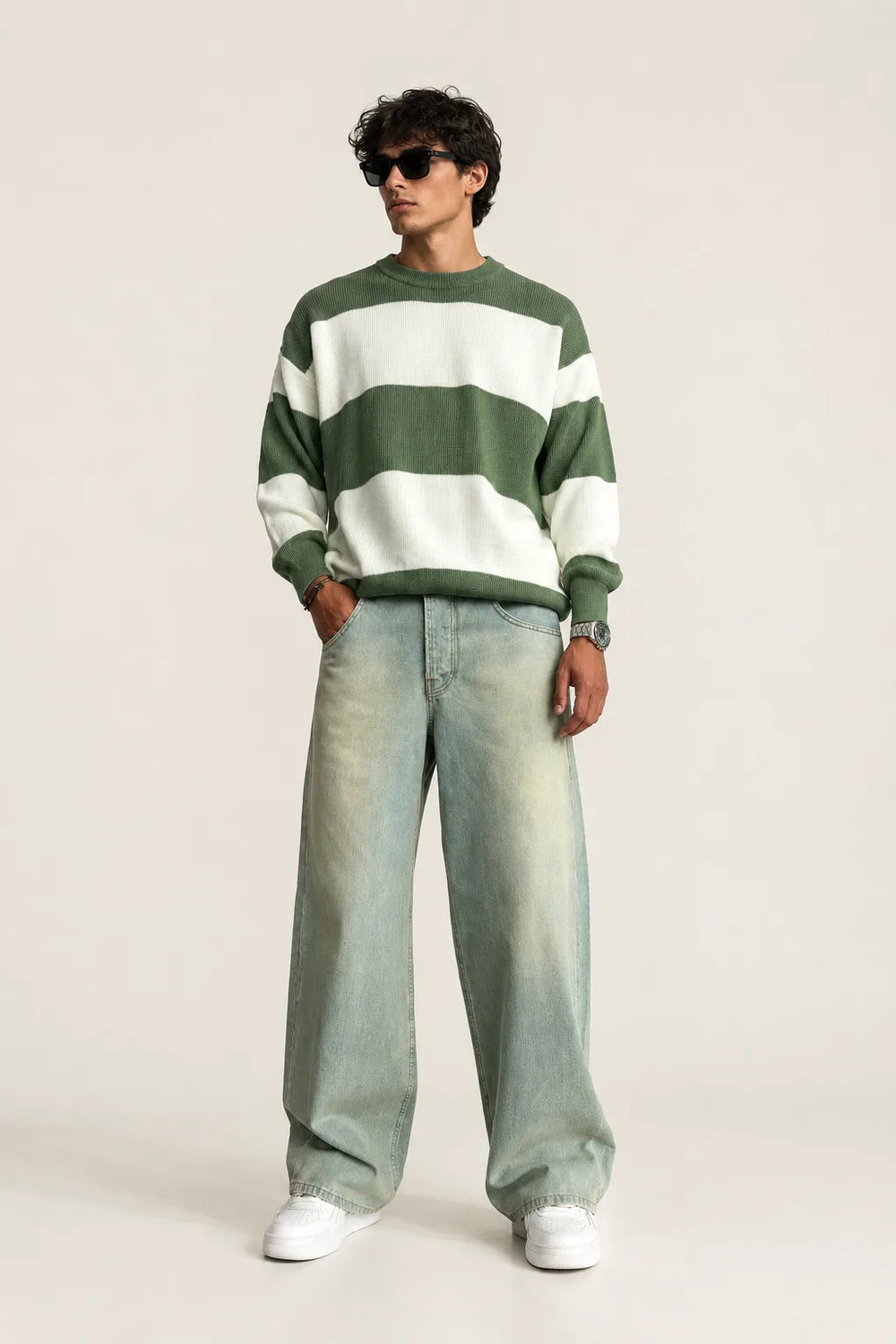 Green Washed Loose Fit Jeans Full View By Waysho