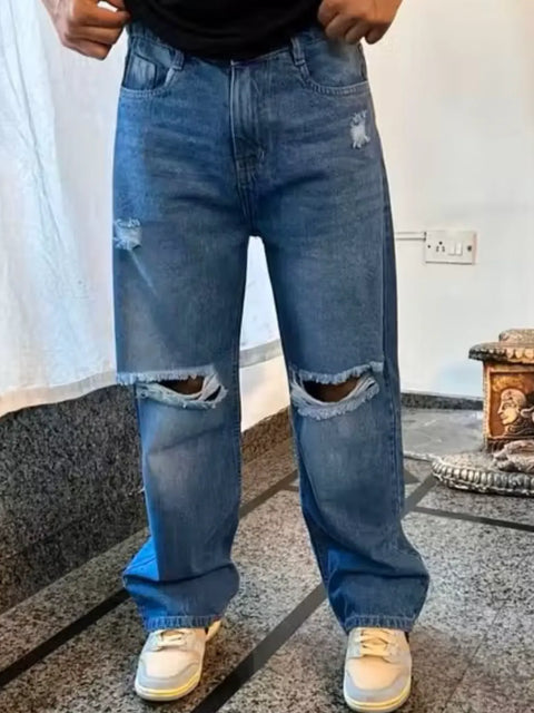 Men Ripped Wide Leg Jeans
