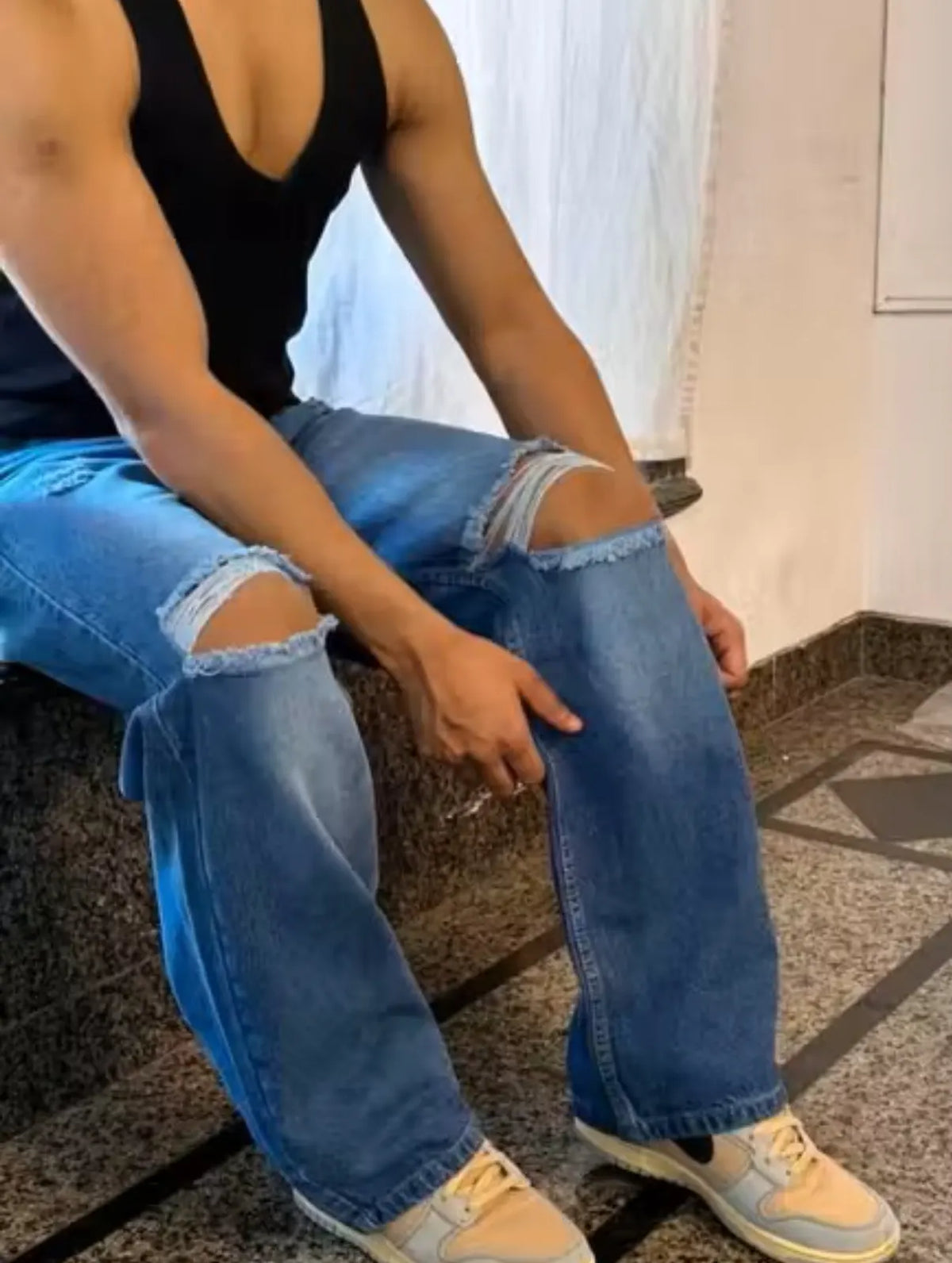 Men Ripped Wide Leg Jeans