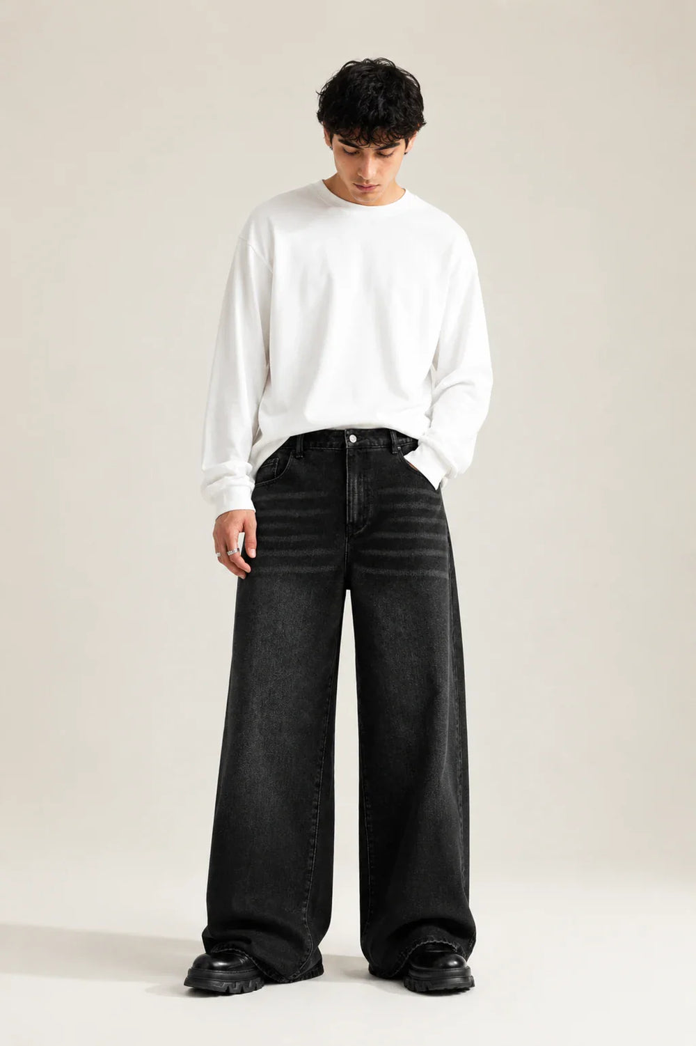 Men's Black Wide Leg Jeans Full View By Waysho 