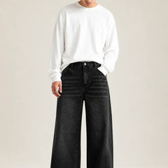 Men's Black Wide Leg Jeans Full View By Waysho 
