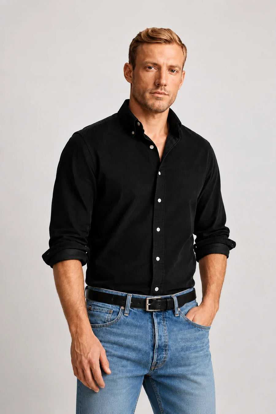 Men's Corduroy Black Shirt Front By Waysho