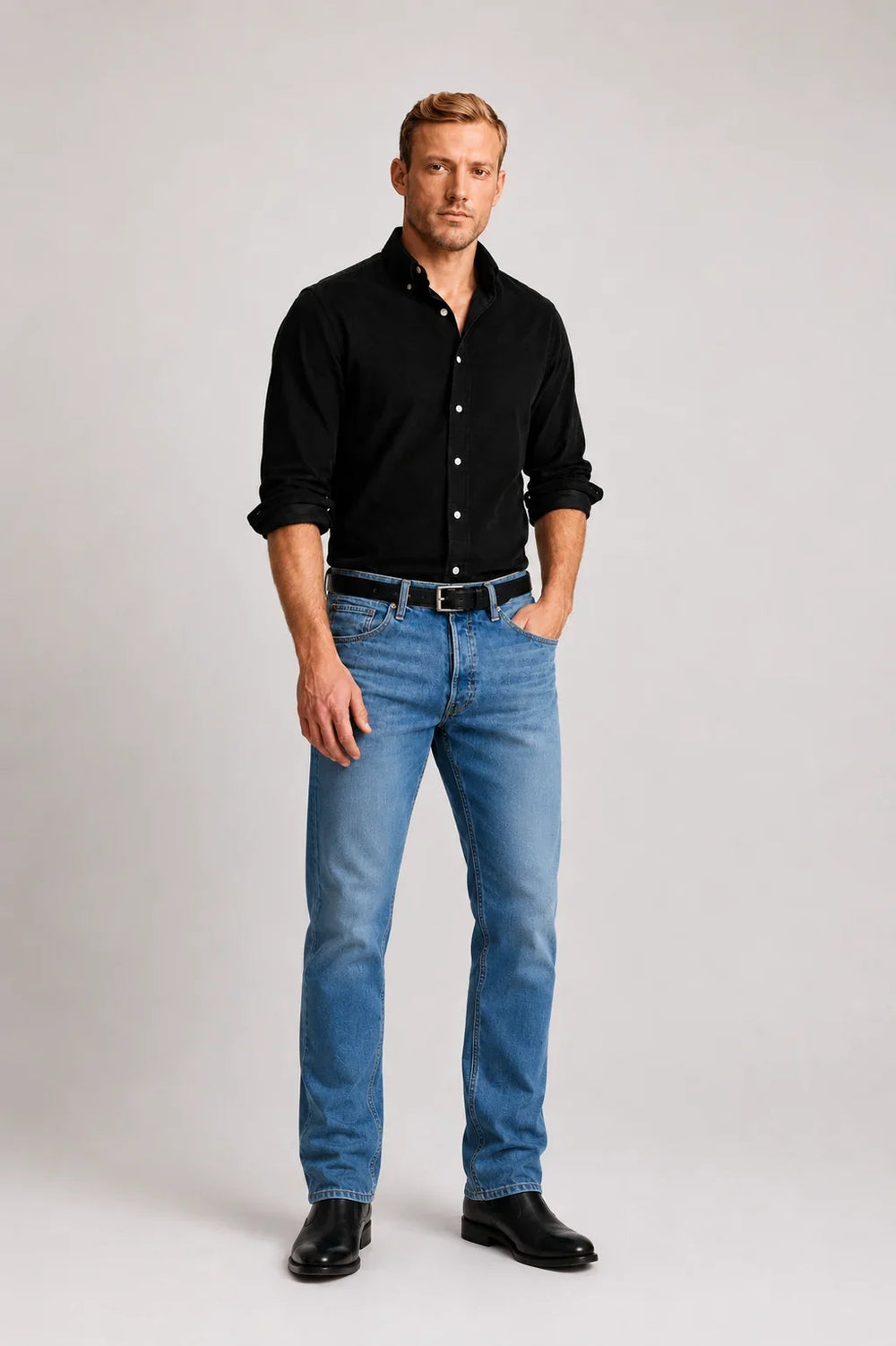 Men's Corduroy Black Shirt Full Front By Waysho