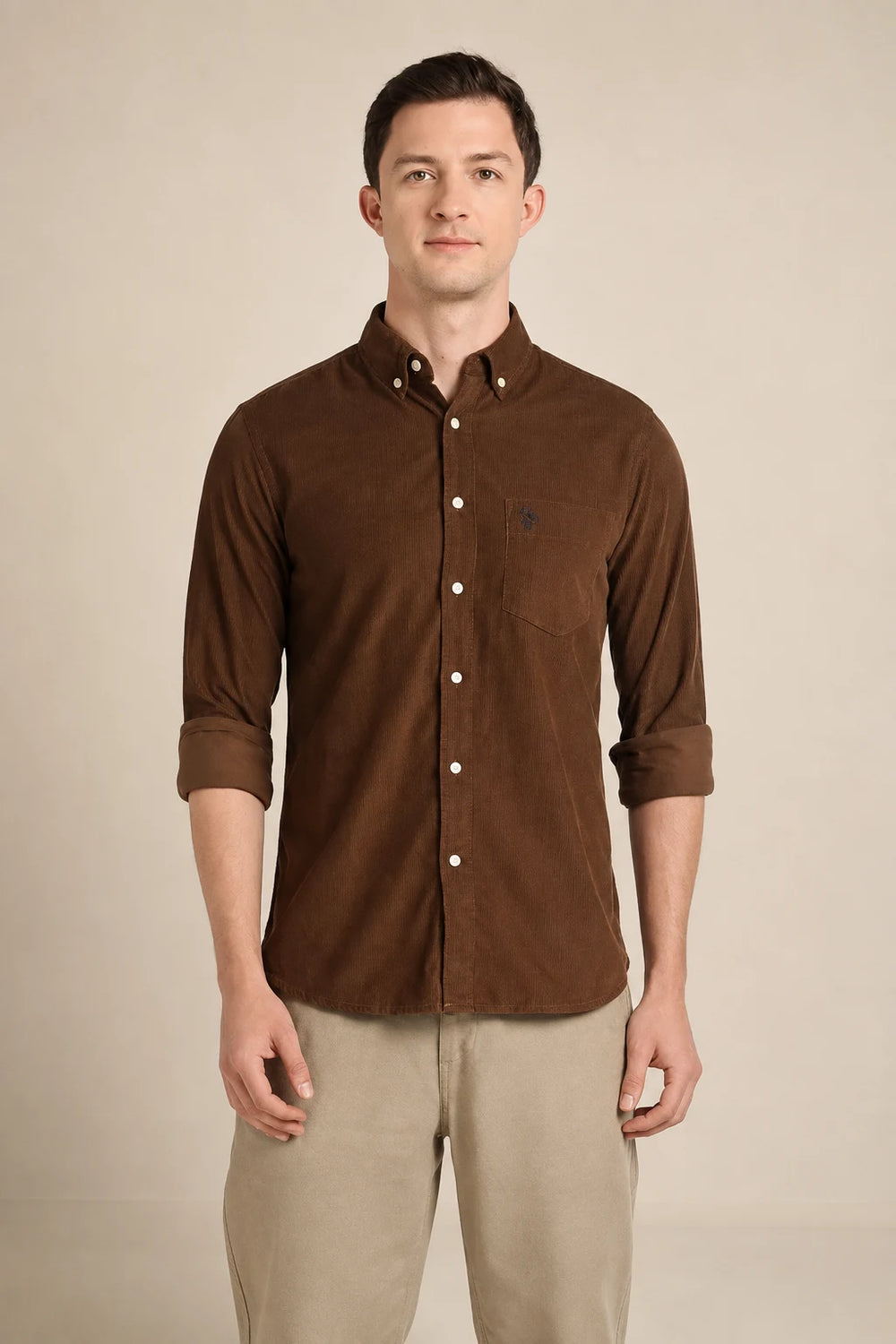 Men's Corduroy Brown Shirt Front View By Waysho