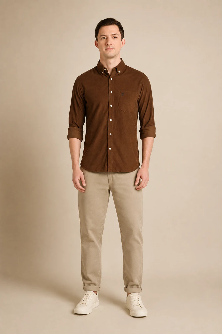Men's Corduroy Brown Shirt Front Full View By Waysho