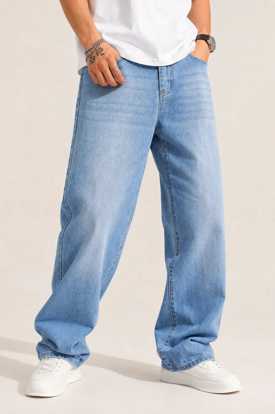 Waysho Men's Ice Blue Loose Fit Jeans Front full View 