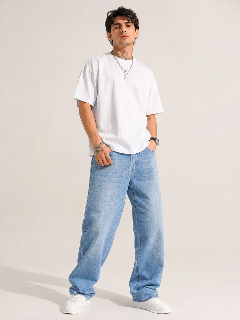 Waysho Men's Ice Blue Loose Fit Jeans Front full View 