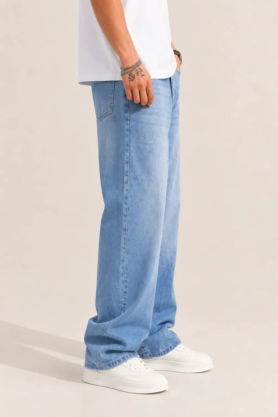 Waysho Men's Ice Blue Loose Fit Jeans  Side full View 