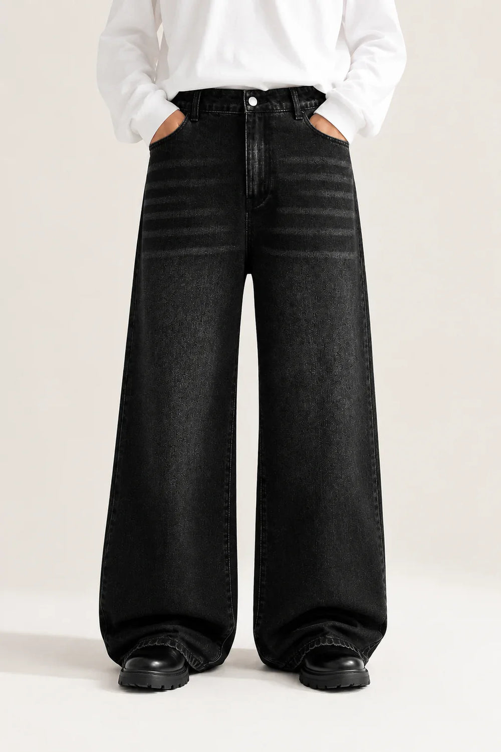 Men's Black Wide Leg Jeans  Front View By Waysho 