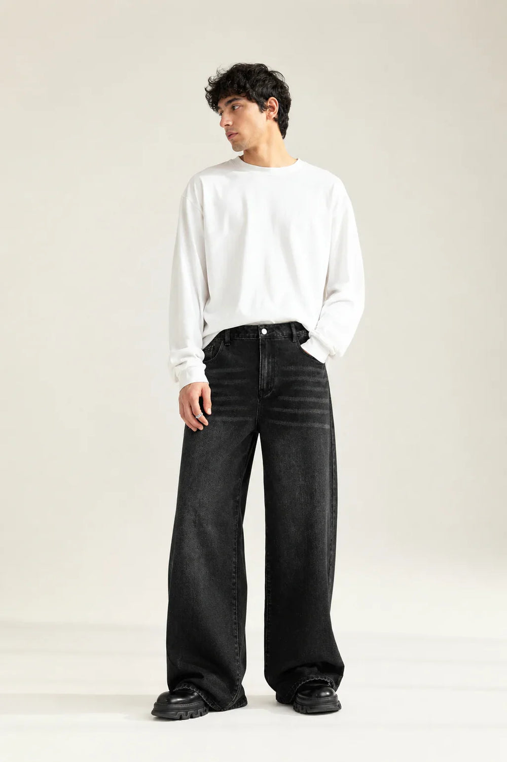 Men's Black Wide Leg Jeans Side Full View By Waysho 