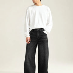 Men's Black Wide Leg Jeans Side Full View By Waysho 