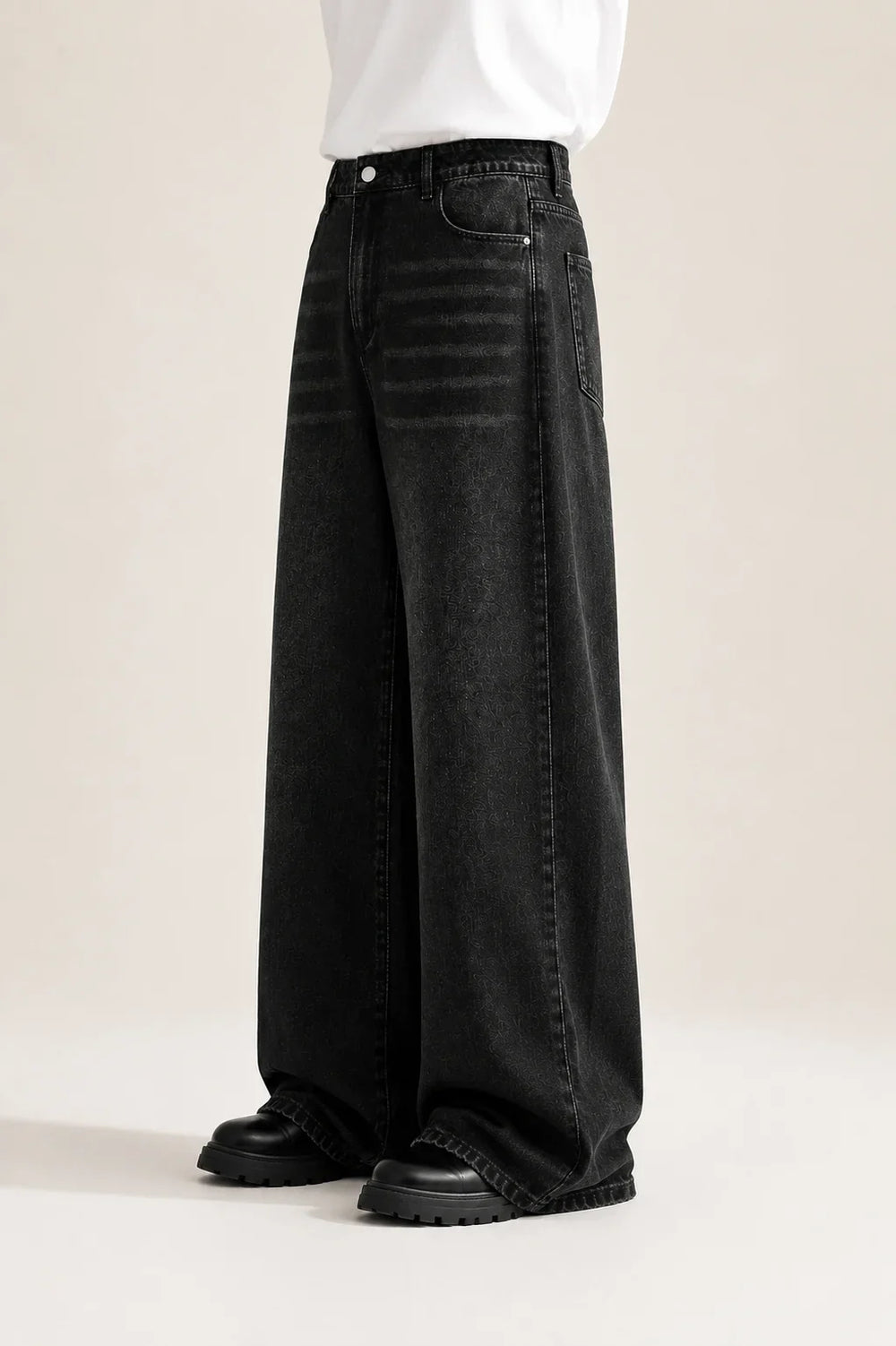 Men's Black Wide Leg Jeans Side View By Waysho 