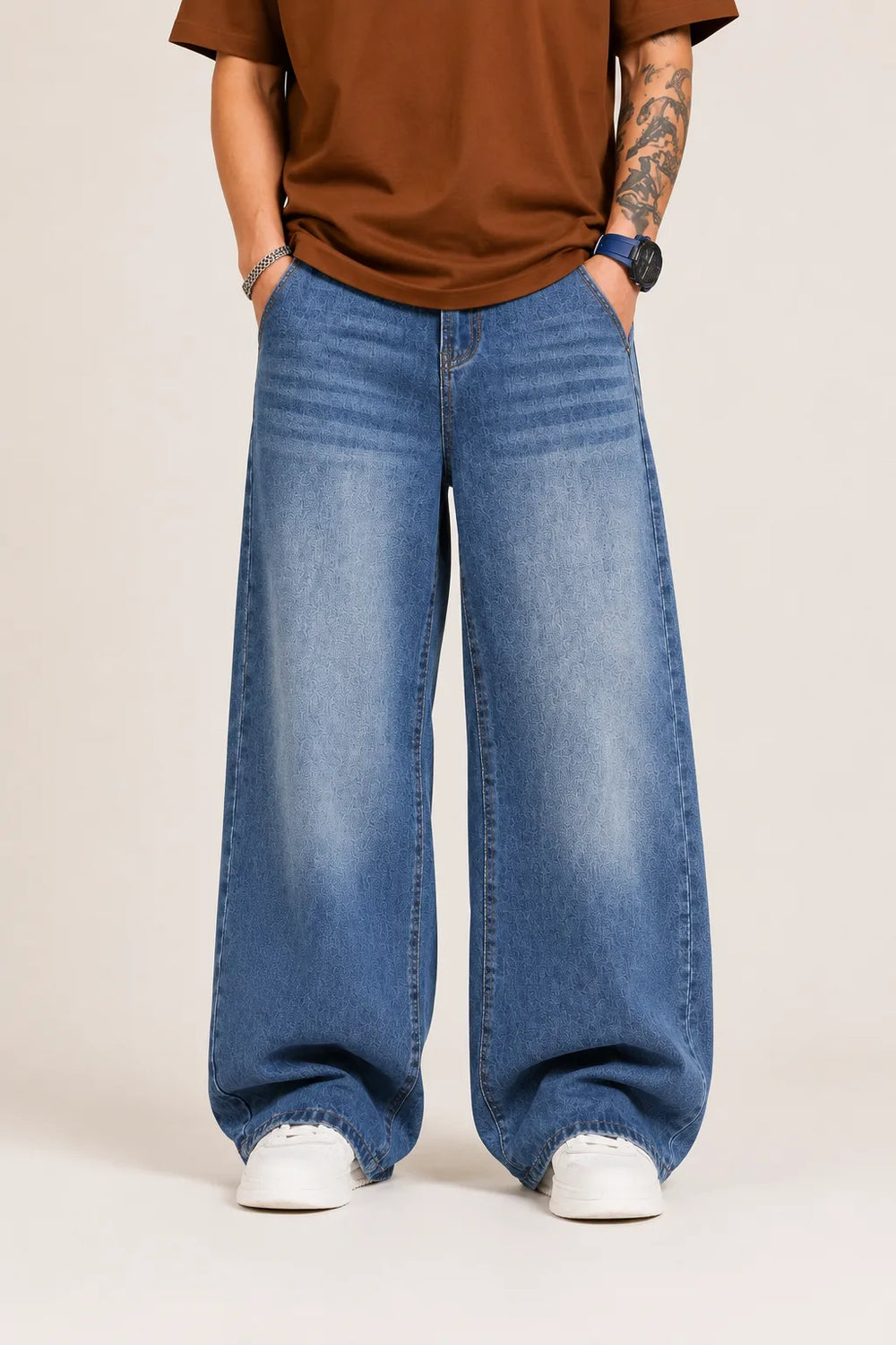 Men's Blue Loose Fit Jeans Front View By Waysho
