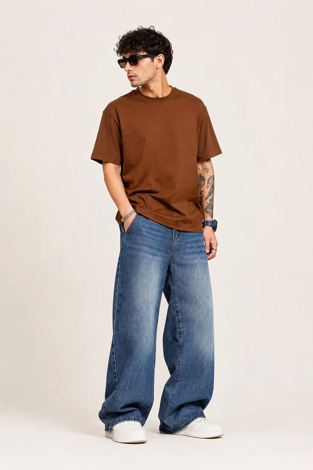 Men's Blue Loose Fit Jeans Full Front  View By Waysho