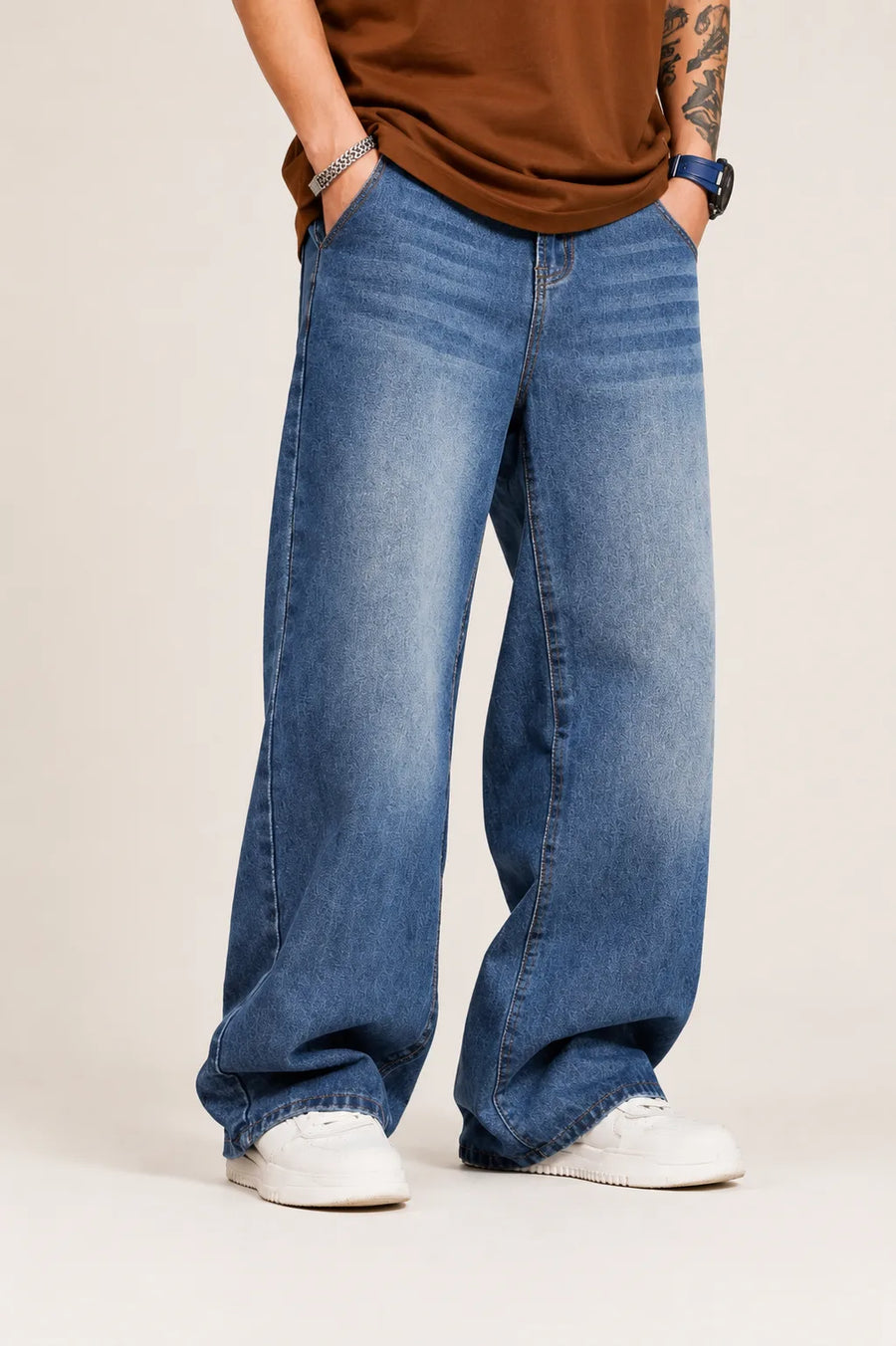 Men's Blue Loose Fit Jeans Front Side View By Waysho