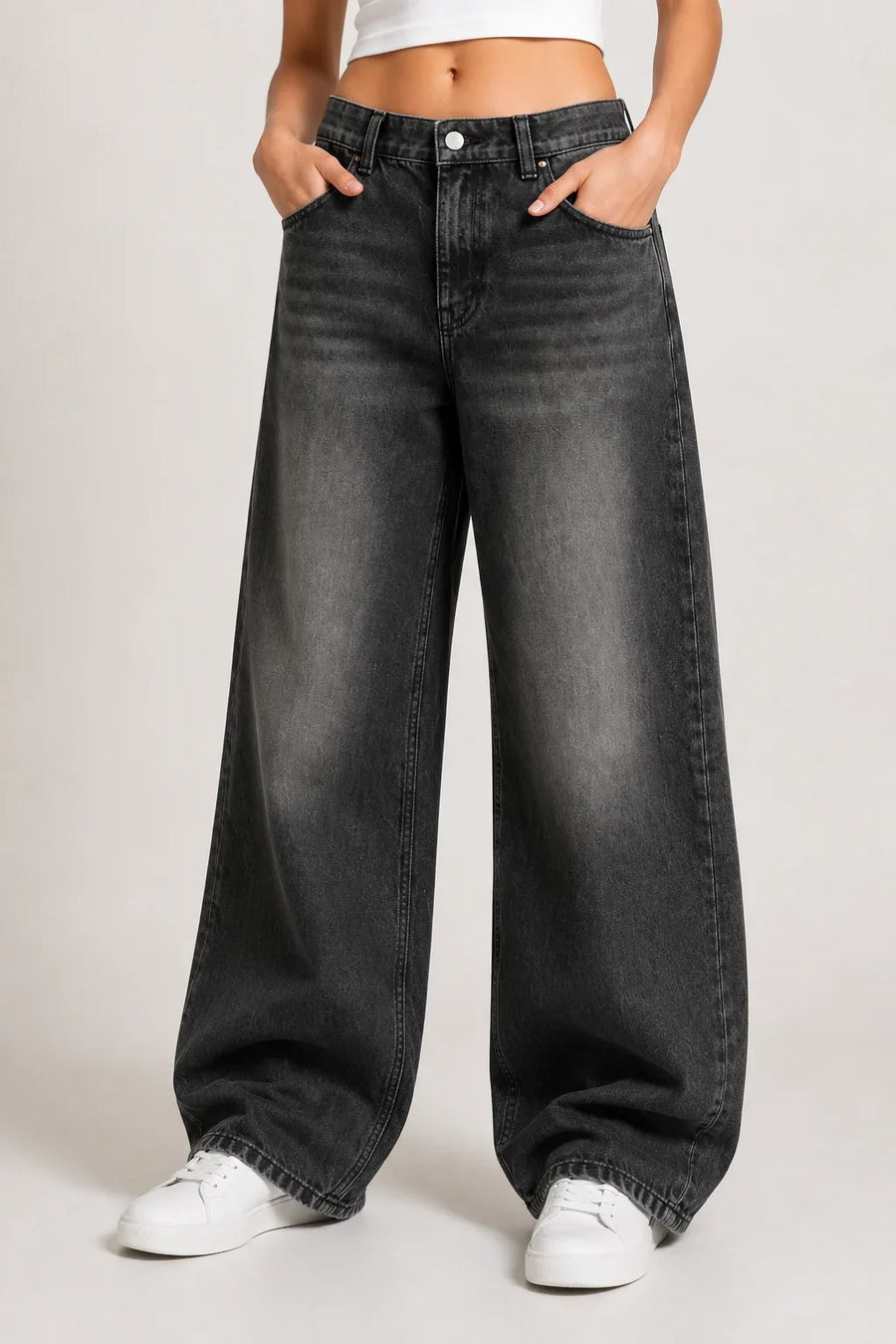  Women's Black Wide Leg Denim Jeans Front view by waysho