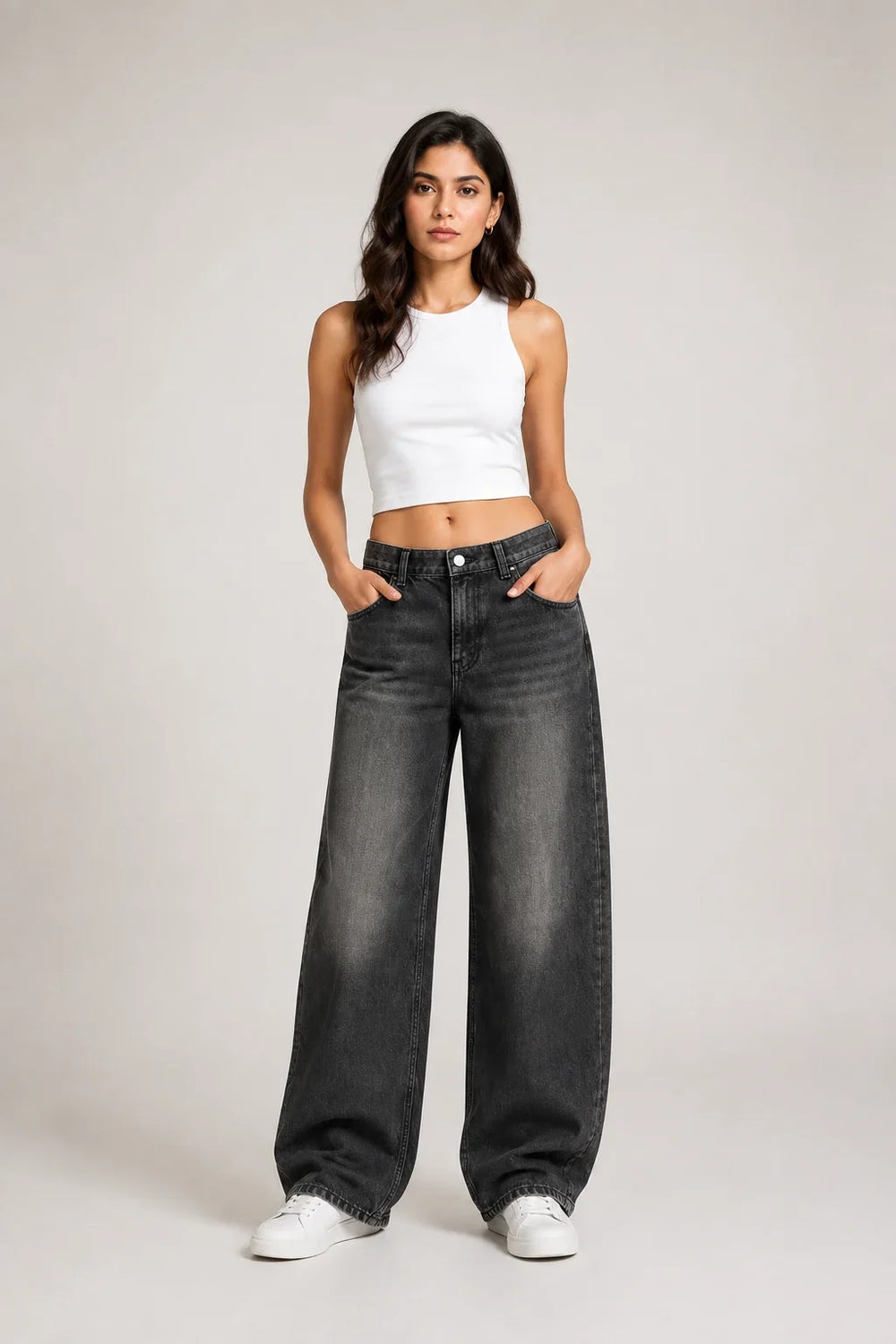 Women's Black Wide Leg Denim Jeans Full Front view by waysho