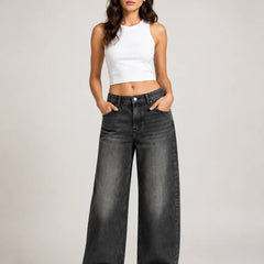 Women's Black Wide Leg Denim Jeans Full Front view by waysho