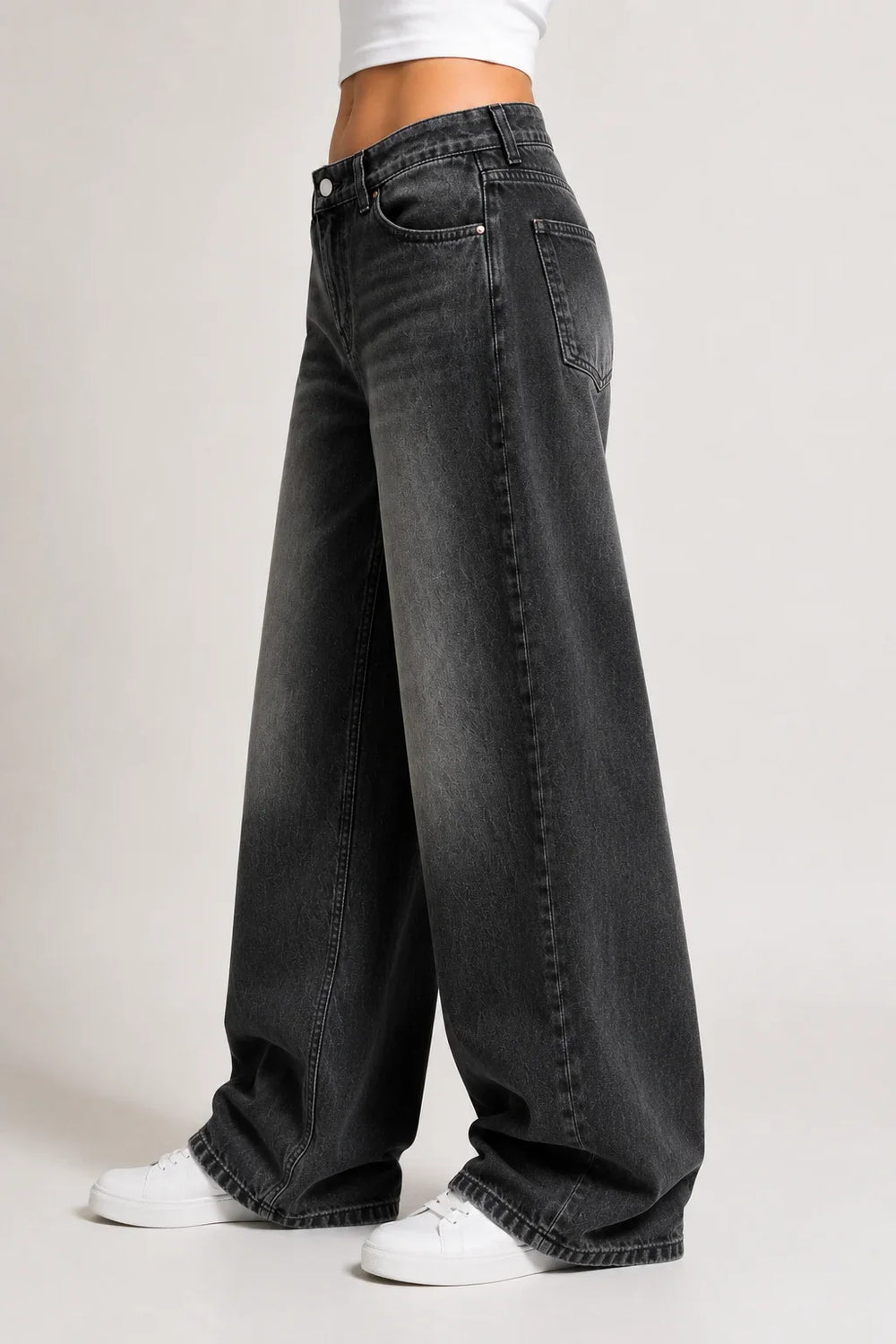 Women's Black Wide Leg Denim Jeans left view by waysho