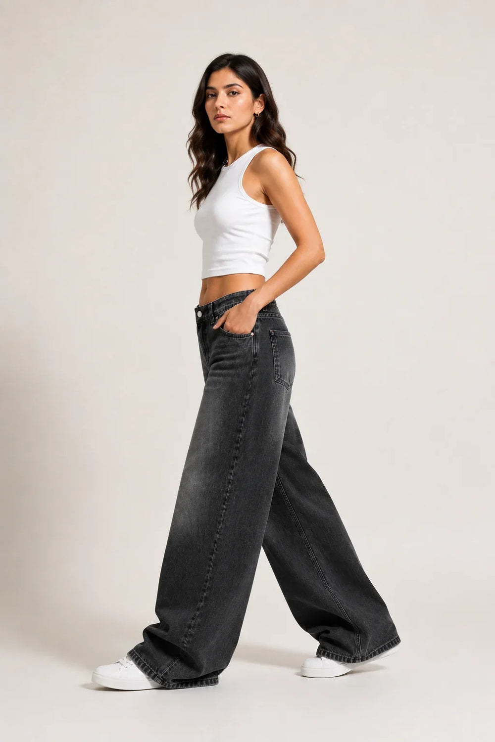 Women's Black Wide Leg Denim Jeans side view by waysho