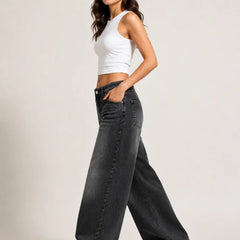 Women's Black Wide Leg Denim Jeans side view by waysho