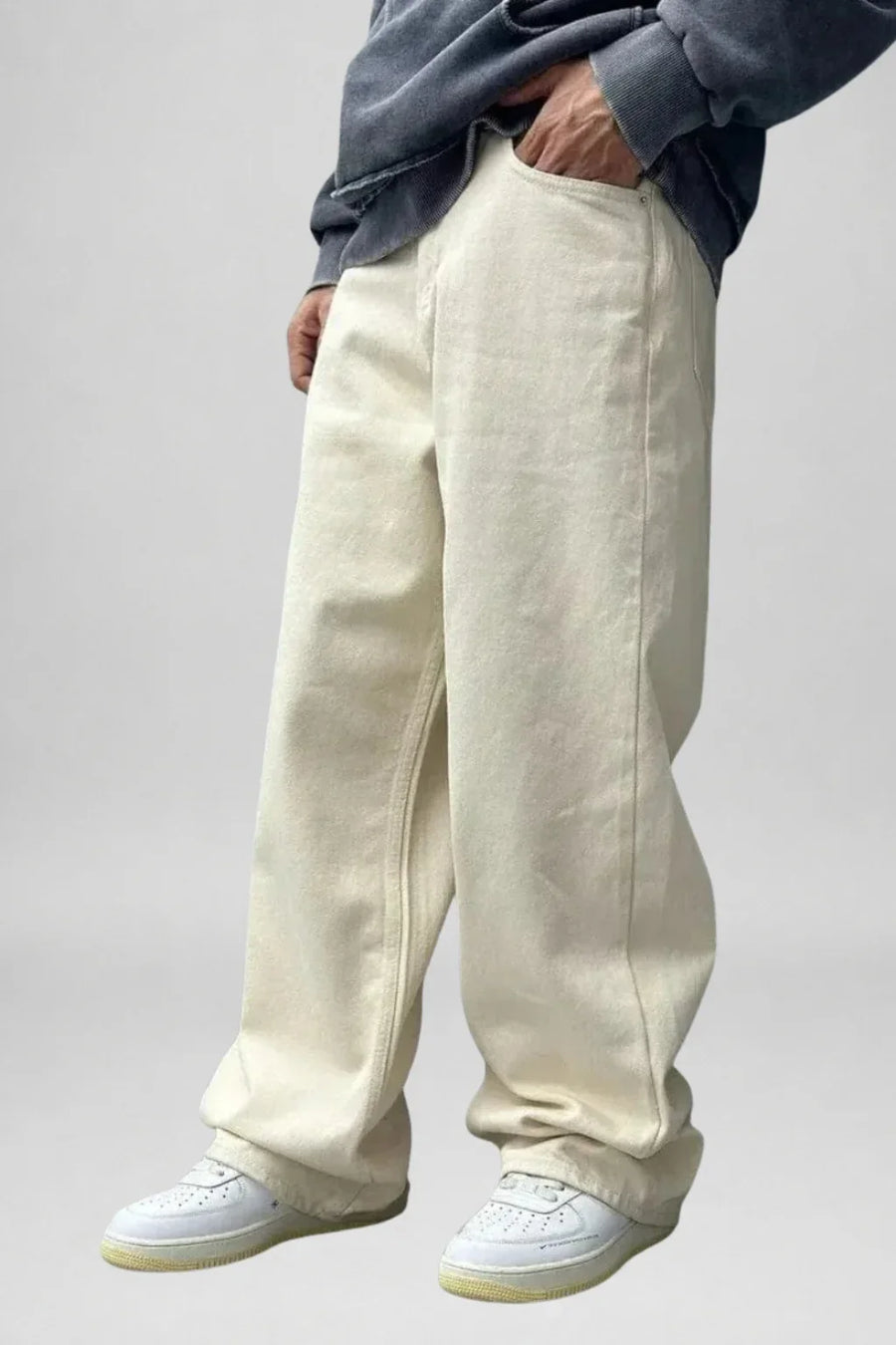 Men's Beige Loose Fit Baggy Jeans side left view by waysho