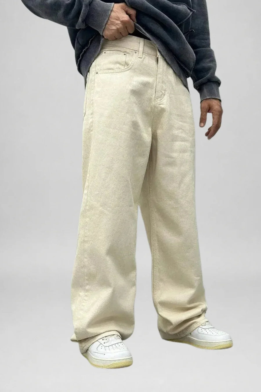 Men's Beige Loose Fit Baggy Jeans side front view by waysho