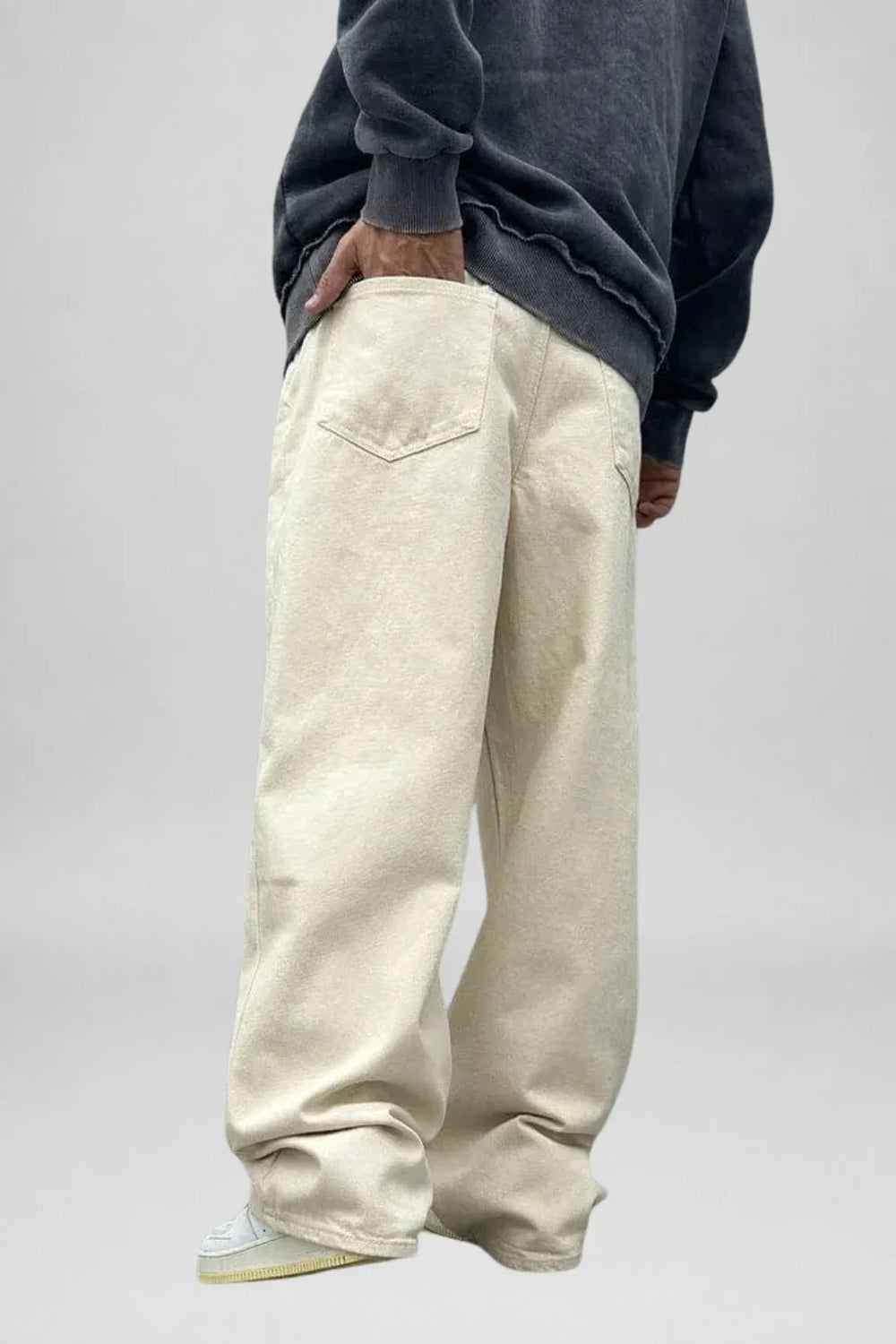 Men's Beige Loose Fit Baggy Jeans side back view by waysho
