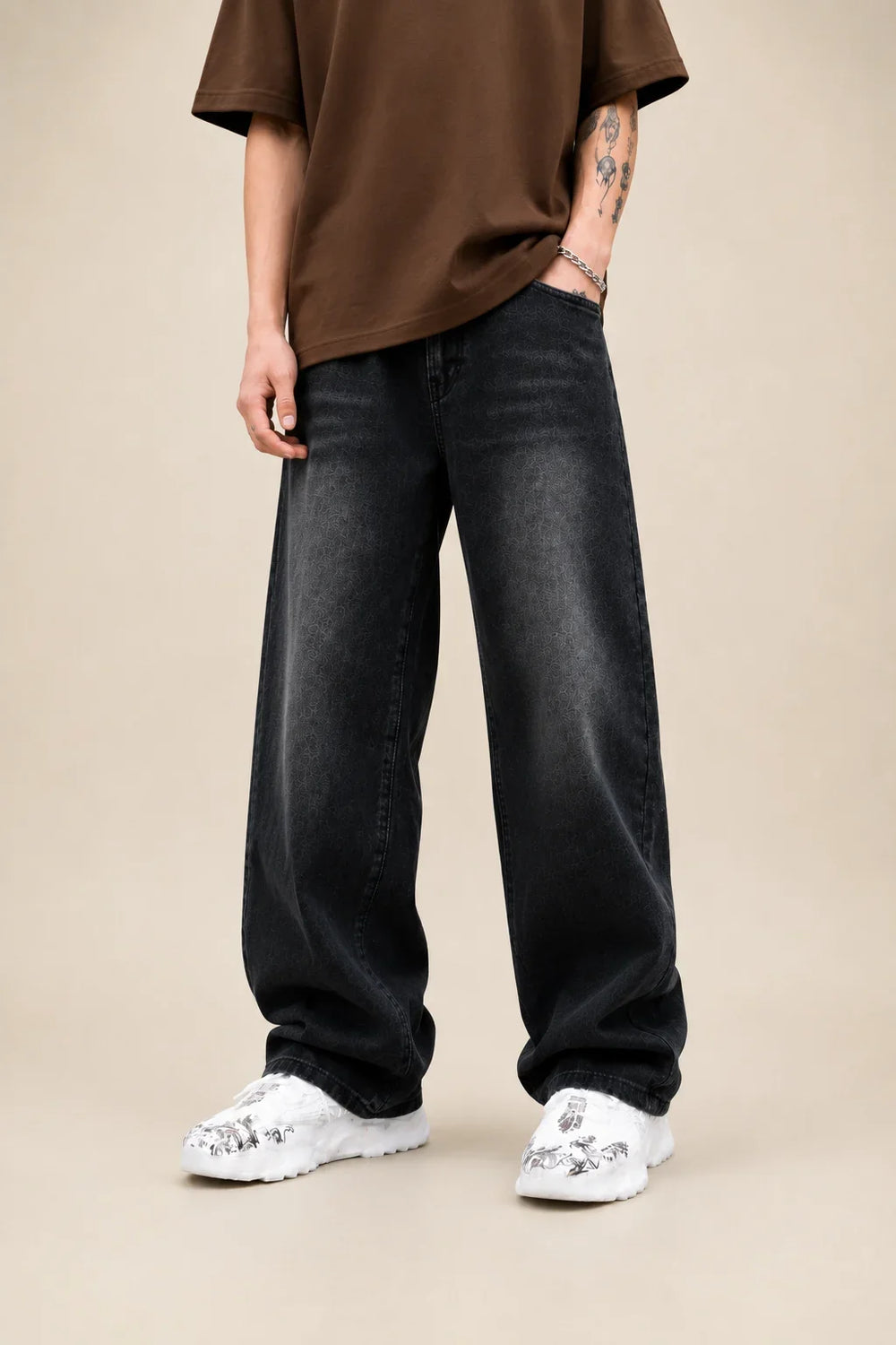 men's black wash Loose Fit jeans front view by waysho