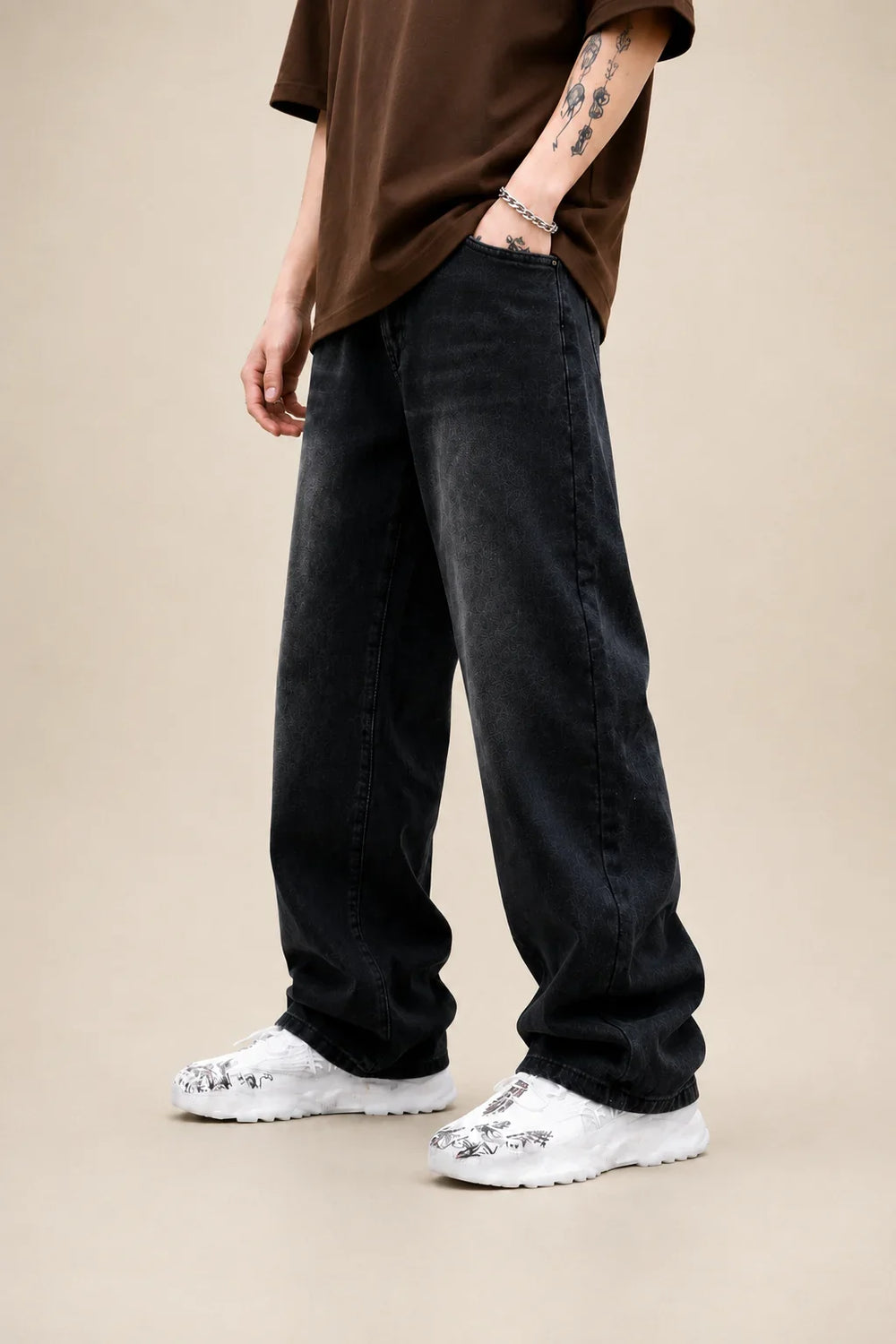 men's black wash Loose Fit jeans Side view by waysho