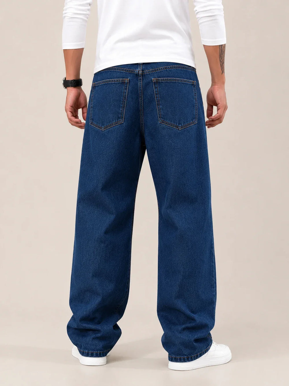 Men's Dark Blue Loose Fit Baggy Jeans Back view by Waysho 