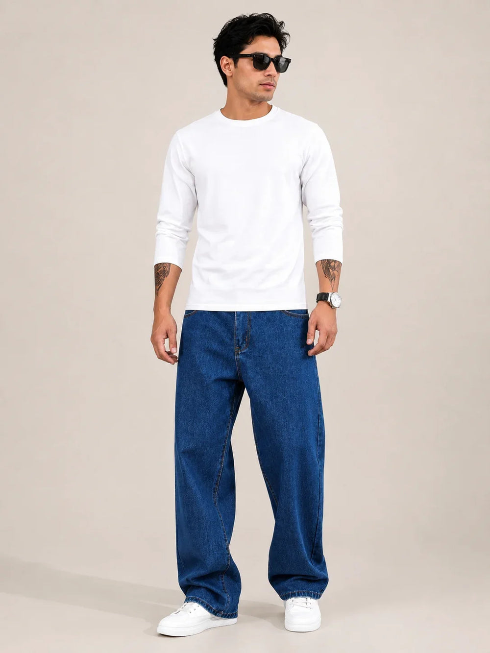 Men's Dark Blue Loose Fit Baggy Jeans   Full front view by Waysho 