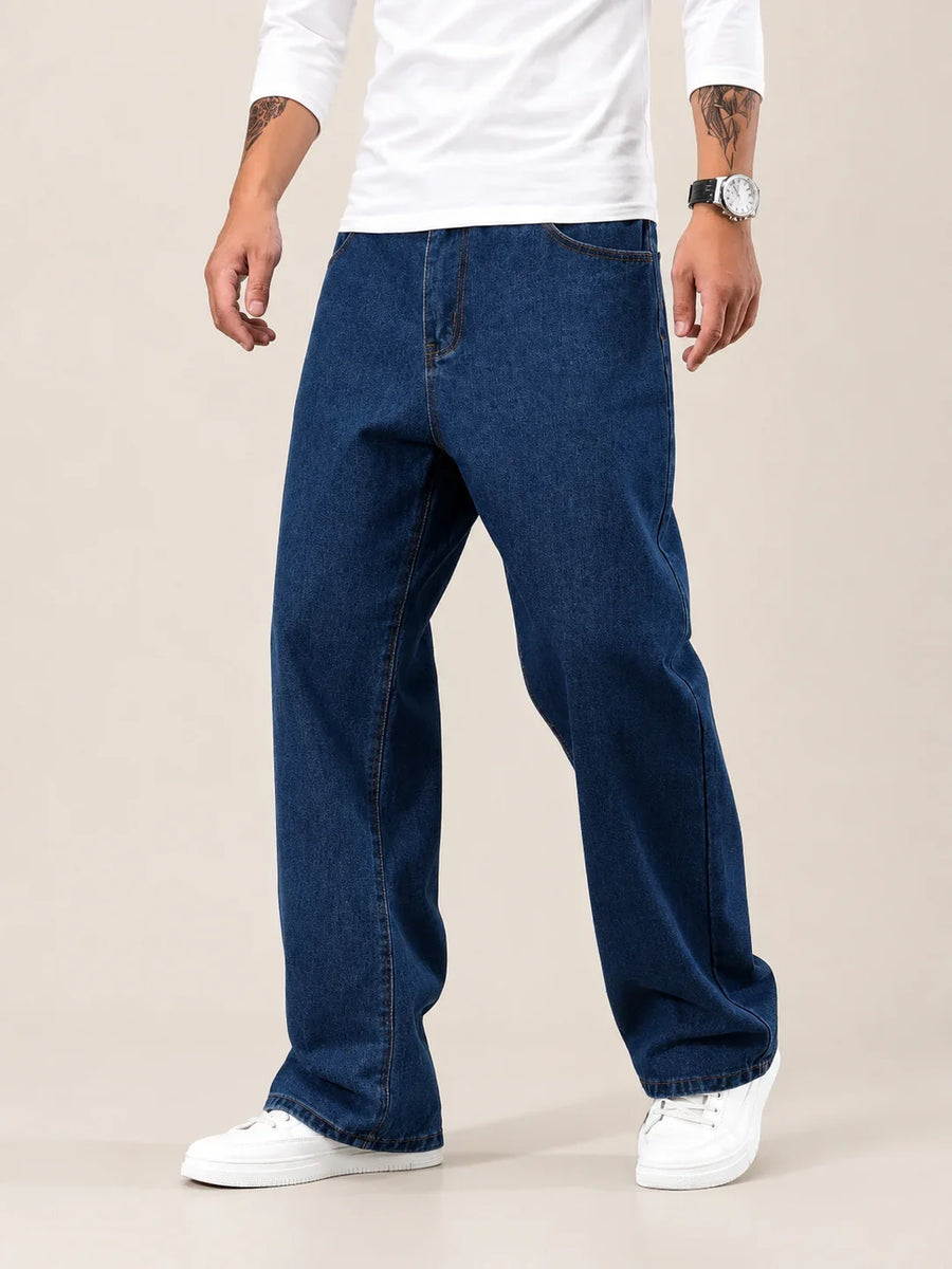 Men's Dark Blue Loose Fit Baggy Jeans Side view by Waysho 