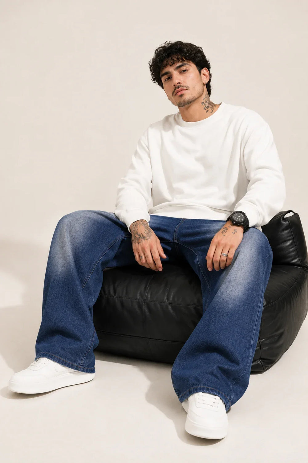 men's blue shaded baggy jeans Full front by waysho