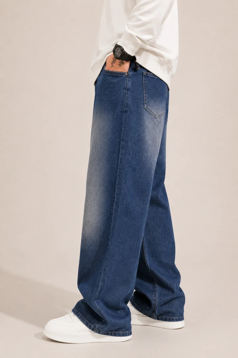 men's blue shaded baggy jeans left by waysho