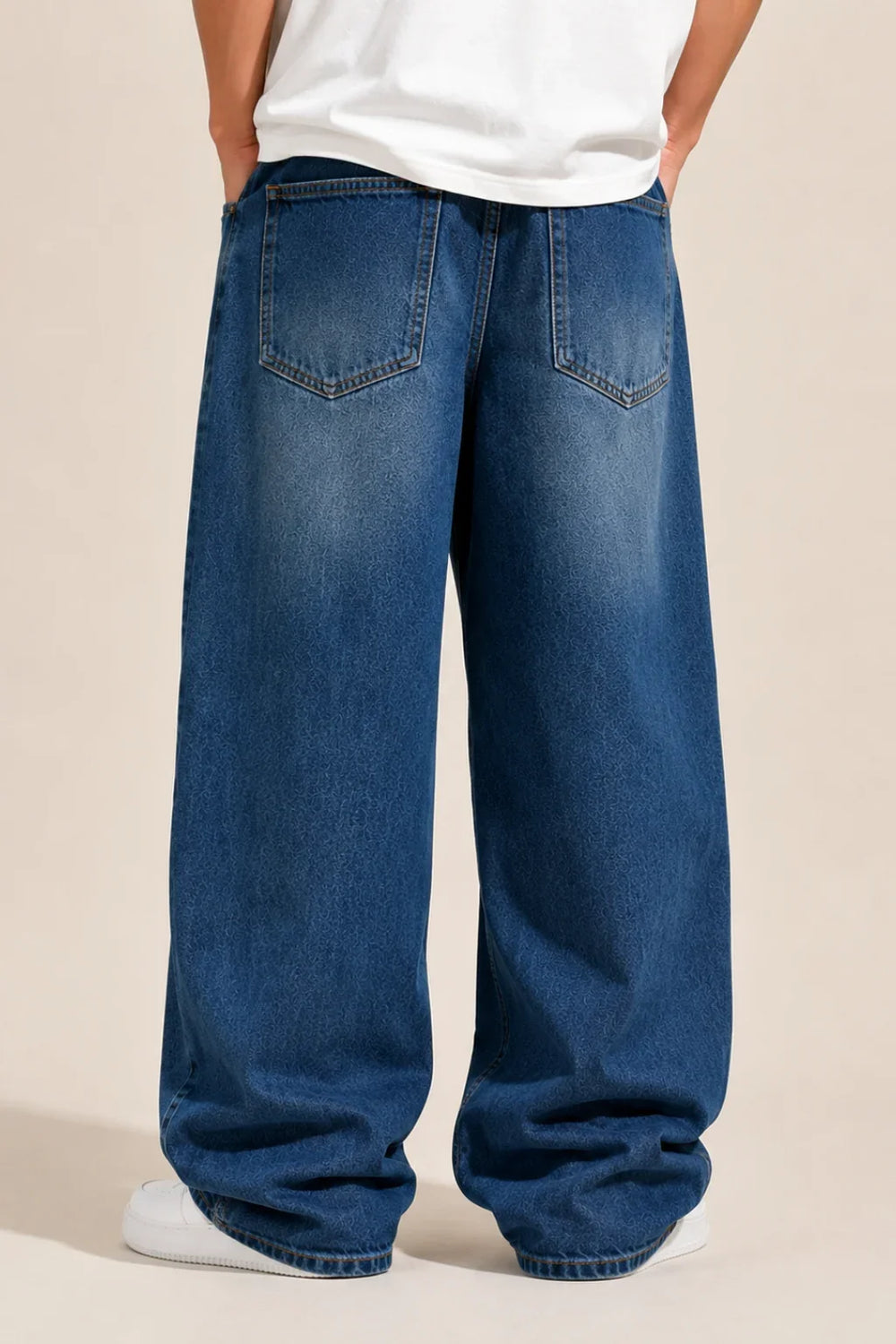 Men's Blue Vintage Wash Loose Fit Baggy Jeans back view by waysho