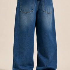 Men's Blue Vintage Wash Loose Fit Baggy Jeans back view by waysho