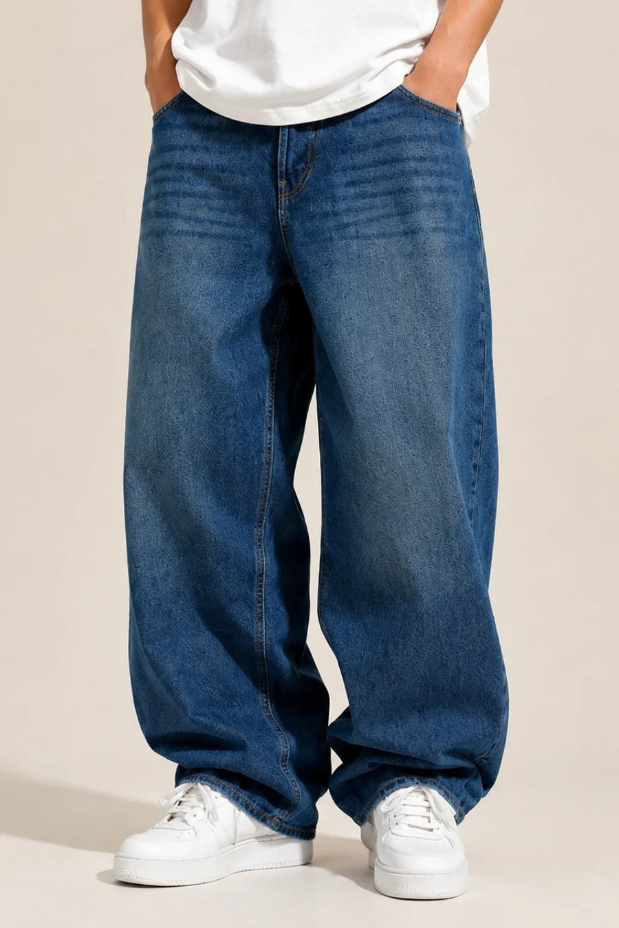 Men's Blue Vintage Wash Loose Fit Baggy Jeans front view by waysho