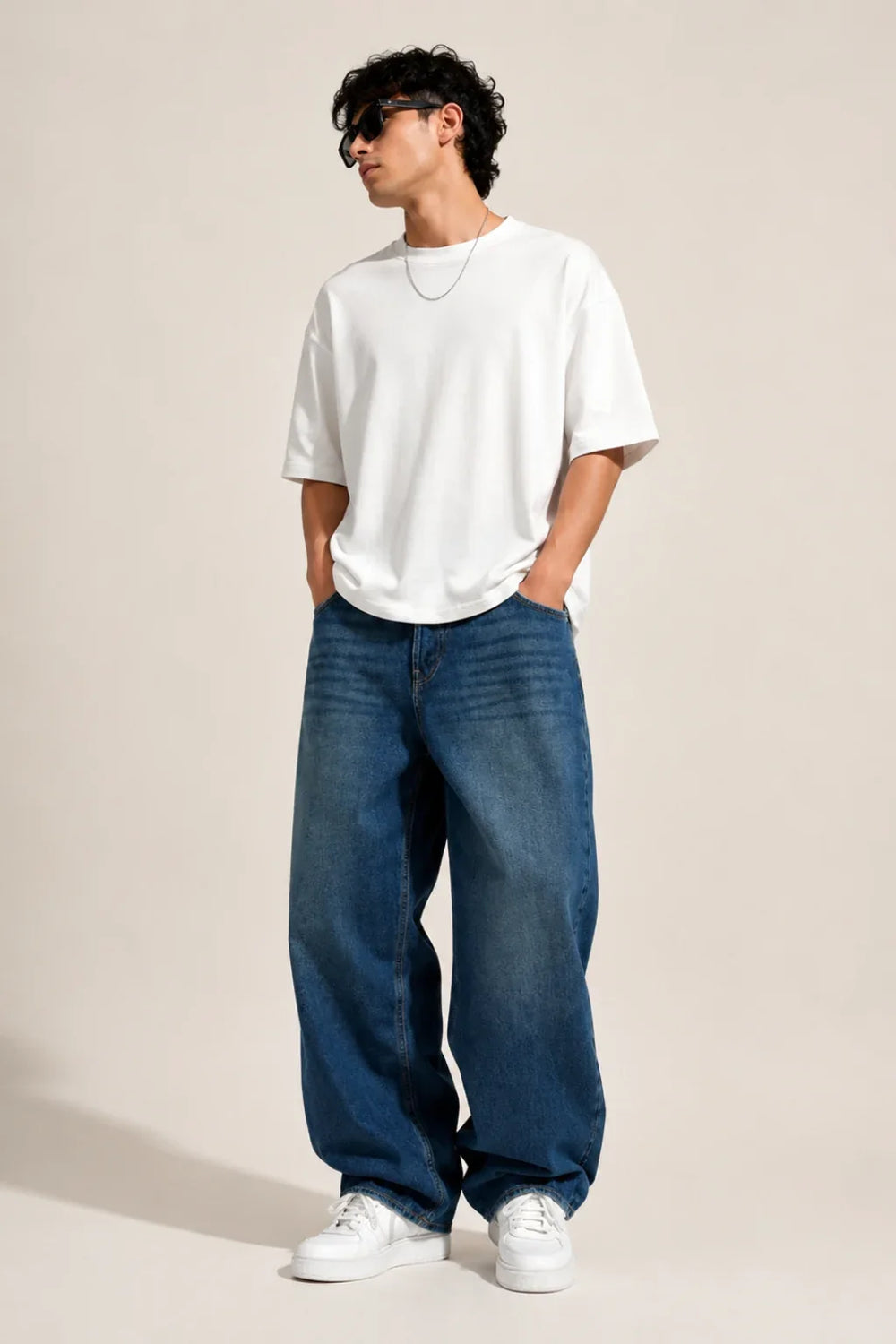 Men's Blue Vintage Wash Loose Fit Baggy Jeans full front view by waysho