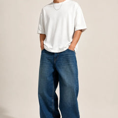 Men's Blue Vintage Wash Loose Fit Baggy Jeans full front view by waysho
