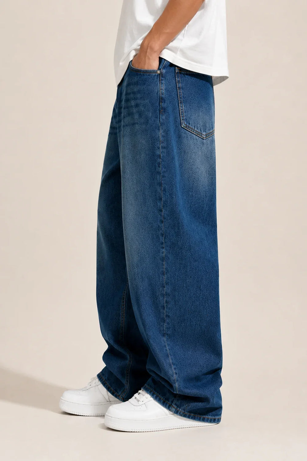 mens blue vintage wash loose fit baggy jeans left by waysho