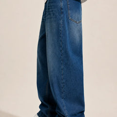 mens blue vintage wash loose fit baggy jeans left by waysho