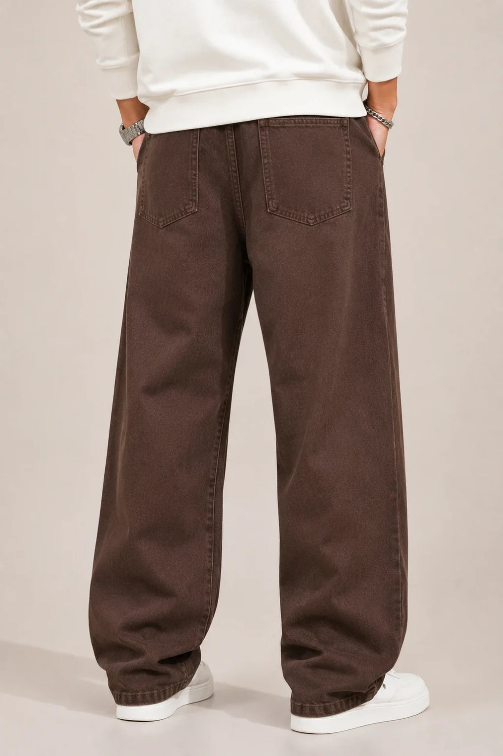 Men's Brown Loose Fit Baggy Jeans Back view by Waysho