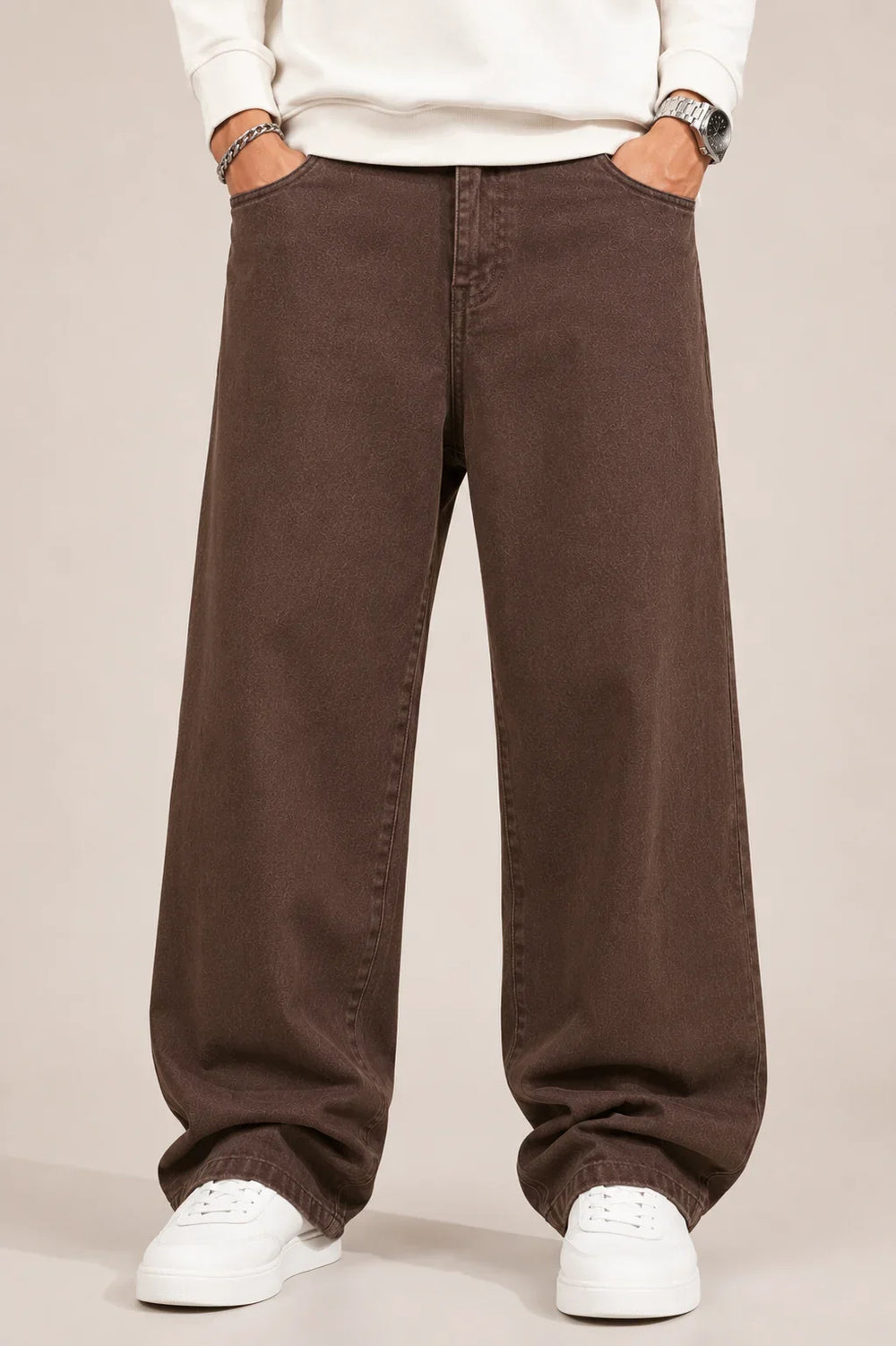 Men's Brown Loose Fit Baggy Jeans front view by Waysho