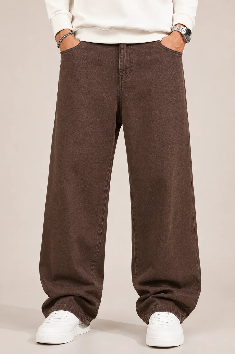 Men's Brown Loose Fit Baggy Jeans front view by Waysho