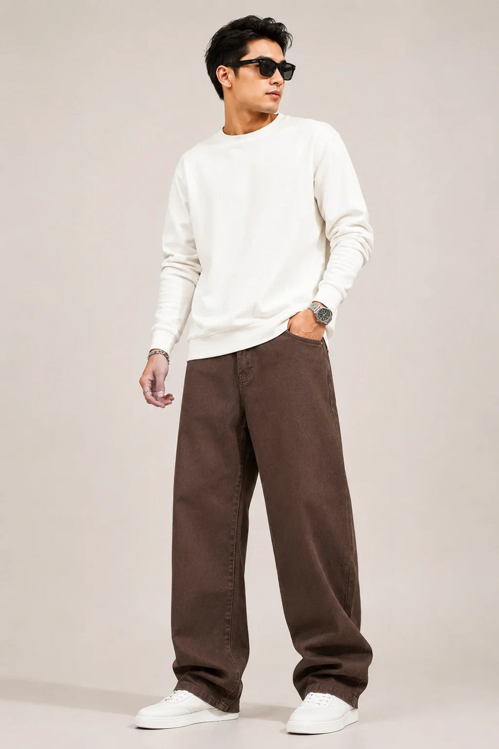 Men's Brown Loose Fit Baggy Jeans Full front view by Waysho